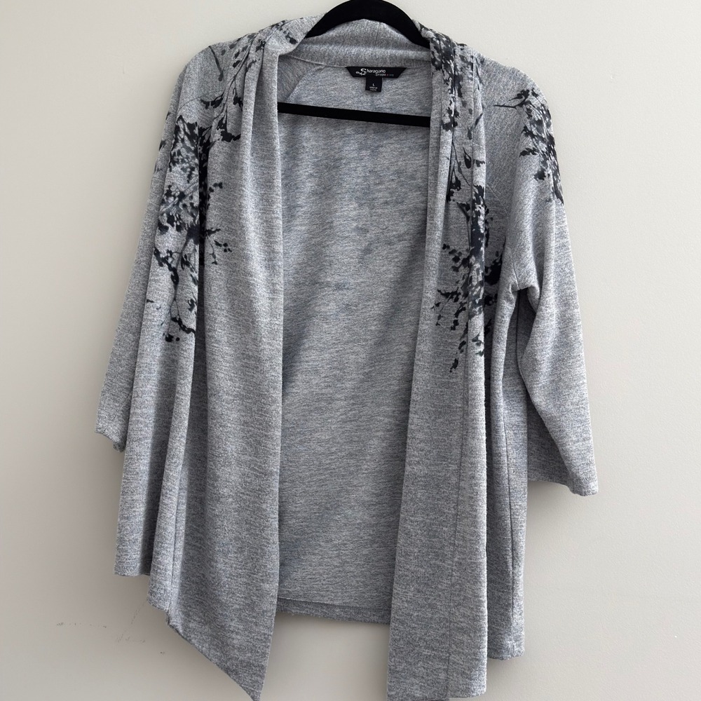 Sharagano‎ Studio Gray Floral Open Front Cardigan Sweater Womens Size L